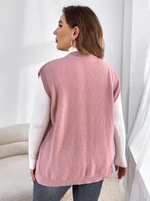 SHEIN LUNE Plus Double Pocket Cable Knit Sleeveless Cardigan - Dusty Pink - View 2