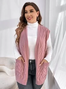 SHEIN LUNE Plus Double Pocket Cable Knit Sleeveless Cardigan - Dusty Pink - View 3