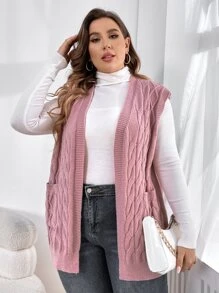 SHEIN LUNE Plus Double Pocket Cable Knit Sleeveless Cardigan - Dusty Pink - View 4