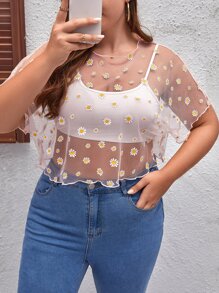 Dreamara 大碼小雛菊薄透上衣不附胸罩 - 粉色 - 查看 1