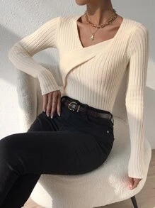 Chiquease Ribbed Knit Crossover Jumper - Apricot - View 7