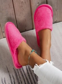 Neon Pink Flannel Bedroom Slippers - Hot Pink - View 2