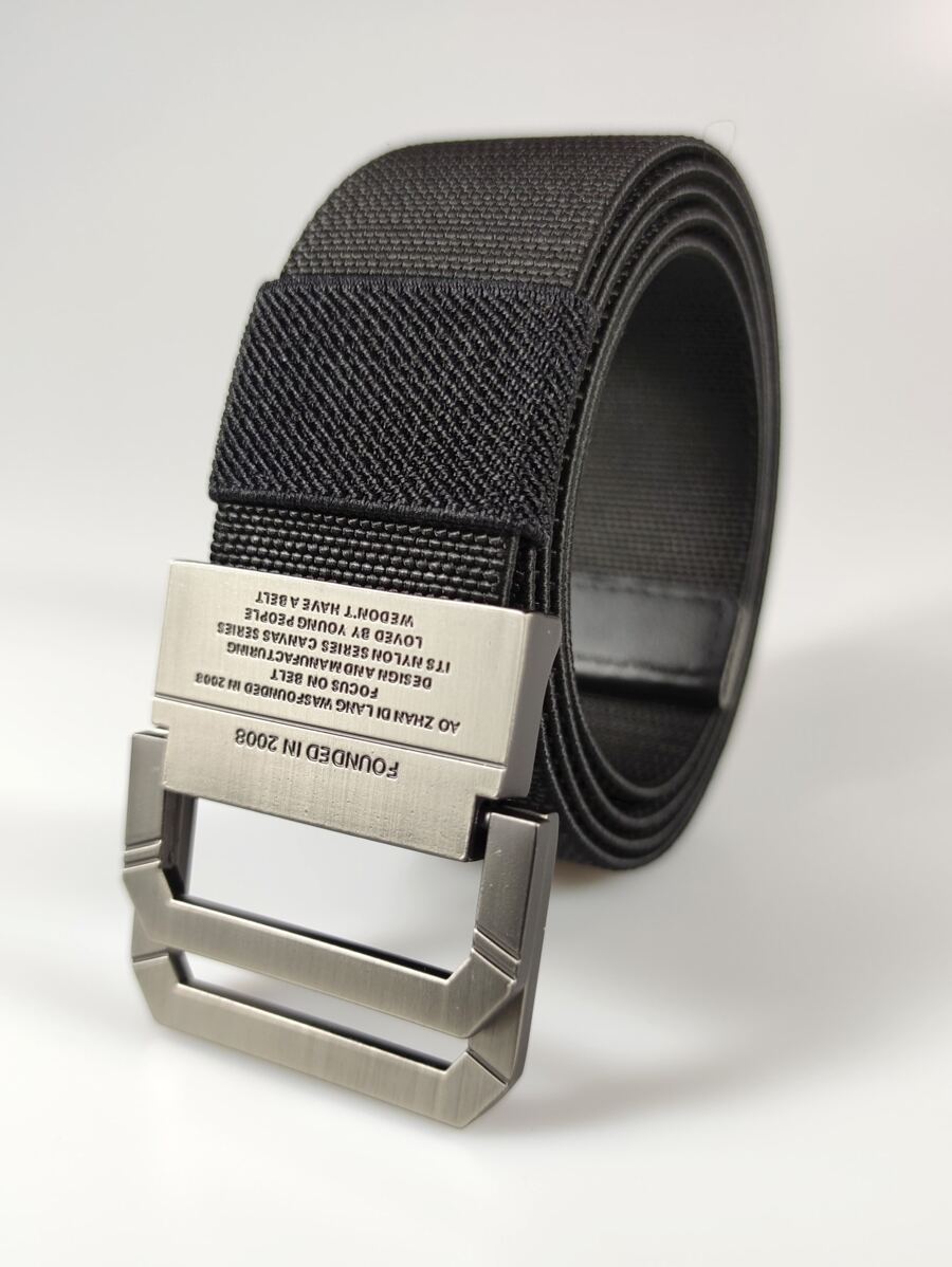 Hombres Cinturón con slogan rectángulo cinta con hebilla - Negro - Ver 1