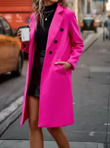 EMERY ROSE Lapel Neck Double Breasted Overcoat Fall Winter Cloth For Women - Hot Pink - View 3