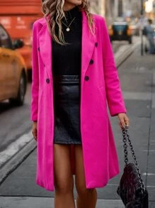 EMERY ROSE Lapel Neck Double Breasted Overcoat Fall Winter Cloth For Women - Hot Pink - View 4