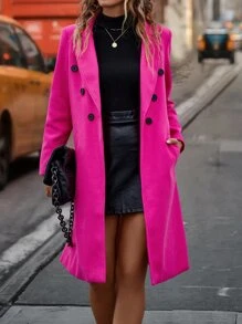 EMERY ROSE Lapel Neck Double Breasted Overcoat Fall Winter Cloth For Women - Hot Pink - View 5
