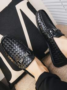 男士編織壓花樂福鞋休閒輕便一腳蹬平底鞋 - 黑色 - 查看 1