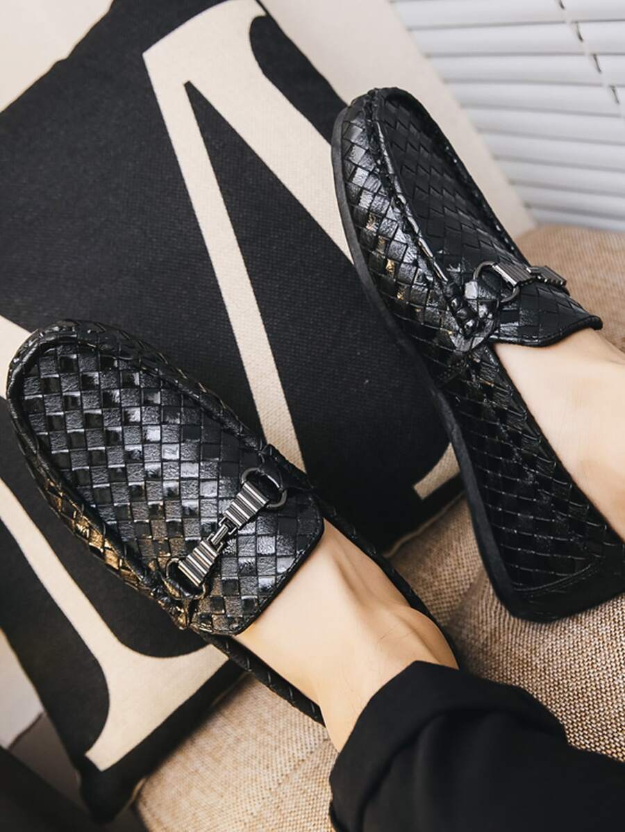 男士編織壓花樂福鞋休閒輕便一腳蹬平底鞋 - 黑色 - 查看 1