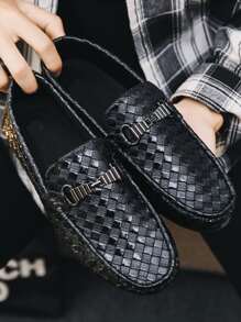 男士編織壓花樂福鞋休閒輕便一腳蹬平底鞋 - 黑色 - 查看 2