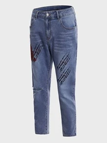 ROMWE MEN WB Horror | ROMWE Guys Figure Graphic Ripped Jeans - Medium Wash - View 1