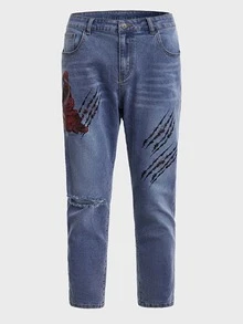 ROMWE MEN WB Horror | ROMWE Guys Figure Graphic Ripped Jeans - Medium Wash - View 3