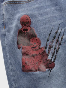 ROMWE MEN WB Horror | ROMWE Guys Figure Graphic Ripped Jeans - Medium Wash - View 5