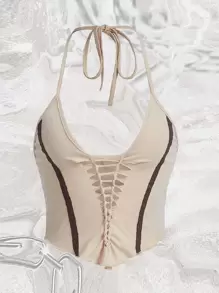 SHEIN ICON 扭結梯形切割頭巾下擺後背繫帶繞頸短上衣 - 米色 - 查看 1