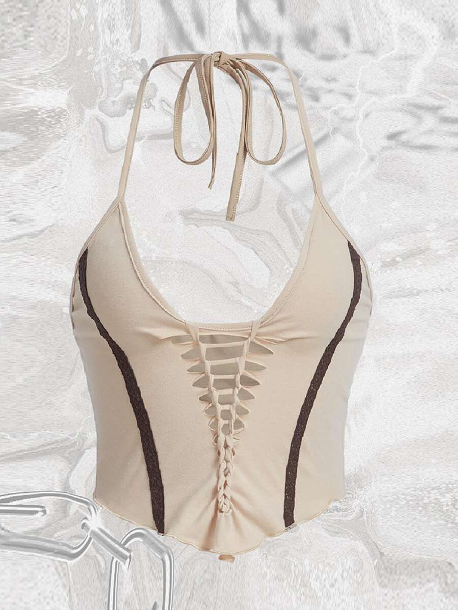 SHEIN ICON 扭結梯形切割頭巾下擺後背繫帶繞頸短上衣 - 米色 - 查看 1