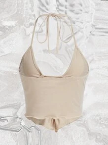 SHEIN ICON 扭結梯形切割頭巾下擺後背繫帶繞頸短上衣 - 米色 - 查看 2