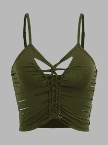 SHEIN ICON Áo hai dây Cắt ra xoắn lại màu trơn Giải trí - xanh quân đội - Xem 1