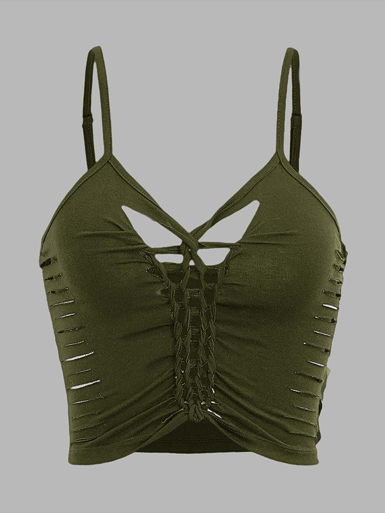 SHEIN ICON Áo hai dây Cắt ra xoắn lại màu trơn Giải trí - xanh quân đội - Xem 1