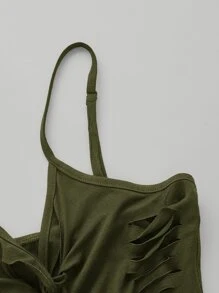 SHEIN ICON Áo hai dây Cắt ra xoắn lại màu trơn Giải trí - xanh quân đội - Xem 3