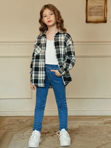 SHEIN 女孩格紋印花口袋落肩袖襯衫