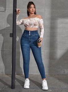 SHEIN ICON Plus Moustache Effect Skinny Jeans - Dark Wash - View 3