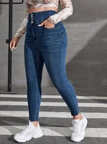 SHEIN ICON Plus Moustache Effect Skinny Jeans - Dark Wash - View 5