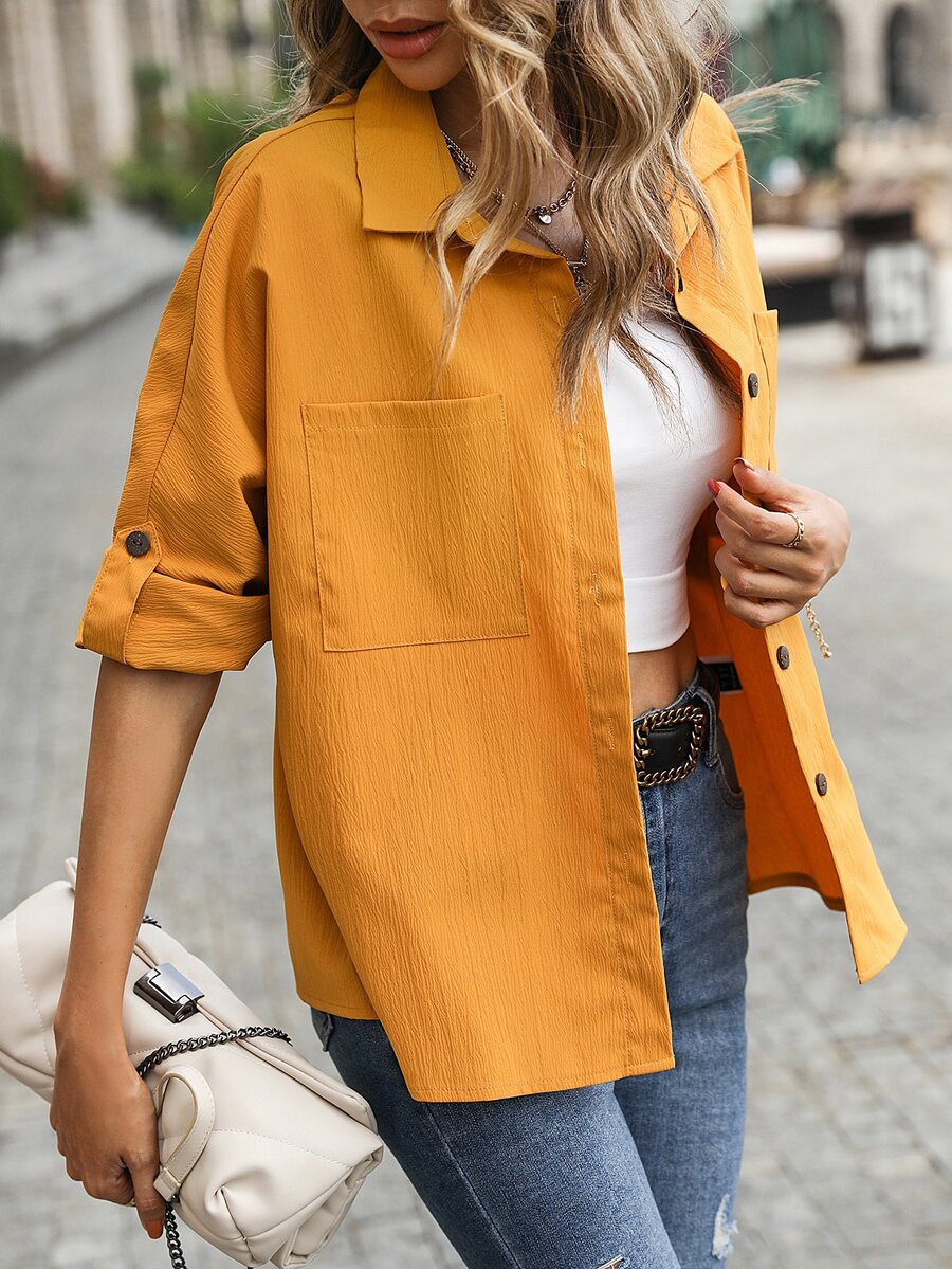 Drop Shoulder Pocket Patched Blouse - Yellow - View 1
