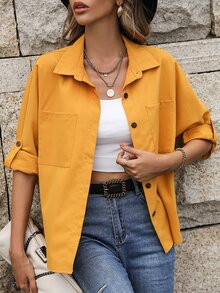 Drop Shoulder Pocket Patched Blouse - Yellow - View 3