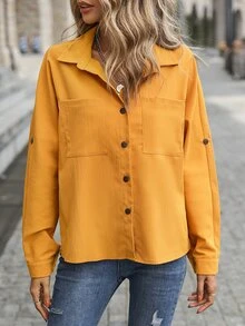 Drop Shoulder Pocket Patched Blouse - Yellow - View 5