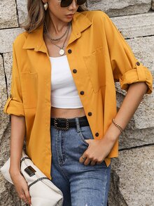 Drop Shoulder Pocket Patched Blouse - Yellow - View 6