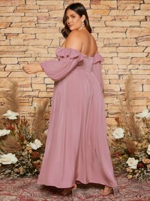 SHEIN Belle 大碼一字肩荷葉邊燈籠袖高開叉伴娘連衣裙 - 藕粉色 - 查看 2