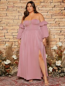 SHEIN Belle 大碼一字肩荷葉邊燈籠袖高開叉伴娘連衣裙 - 藕粉色 - 查看 3