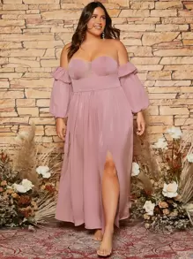 SHEIN Belle 大碼一字肩荷葉邊燈籠袖高開叉伴娘連衣裙 - 藕粉色 - 查看 1