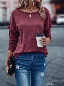 Ruffle Trim Dolman Sleeve Tee - Burgundy - View 1