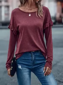 Ruffle Trim Dolman Sleeve Tee - Burgundy - View 3