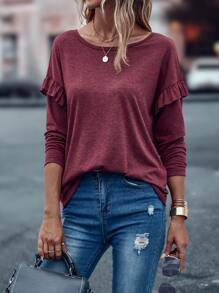 Ruffle Trim Dolman Sleeve Tee - Burgundy - View 4