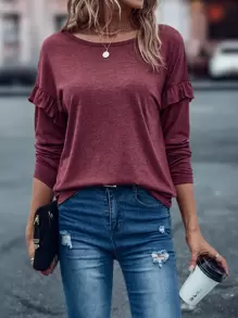 Ruffle Trim Dolman Sleeve Tee - Burgundy - View 5