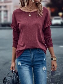 Ruffle Trim Dolman Sleeve Tee - Burgundy - View 6