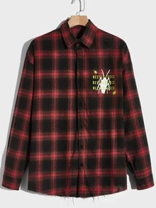 ROMWE MEN WB Horror | ROMWE Guys Plaid Letter Graphic Shirt - Red - View 4