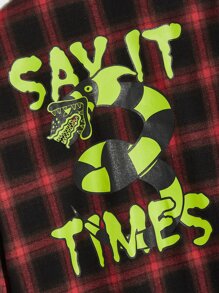 ROMWE MEN WB Horror | ROMWE Guys Plaid Letter Graphic Shirt - Red - View 6