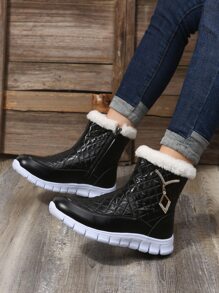 幾何壓花水鑽裝飾毛絨內襯雪地靴 - 黑色 - 查看 3