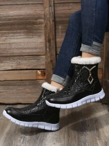 幾何壓花水鑽裝飾毛絨內襯雪地靴 - 黑色 - 查看 2