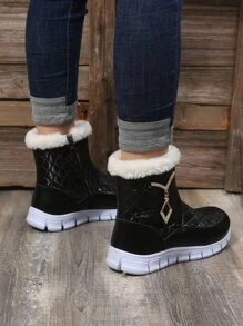 幾何壓花水鑽裝飾毛絨內襯雪地靴 - 黑色 - 查看 4