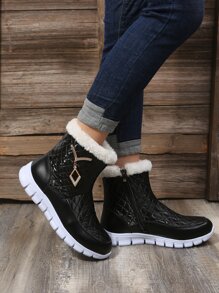幾何壓花水鑽裝飾毛絨內襯雪地靴 - 黑色 - 查看 6