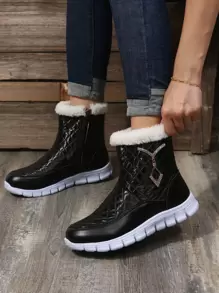 幾何壓花水鑽裝飾毛絨內襯雪地靴 - 黑色 - 查看 1