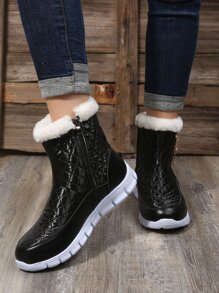 幾何壓花水鑽裝飾毛絨內襯雪地靴 - 黑色 - 查看 5