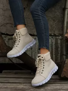 字母貼飾前綁帶仿麂皮雪地靴 - 米色 - 查看 3