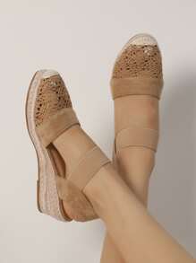 鏤空小圓頭鞋尖草編坡跟淺口鞋 - 棕色 - 查看 1