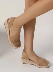 鏤空小圓頭鞋尖草編坡跟淺口鞋 - 棕色 - 查看 6