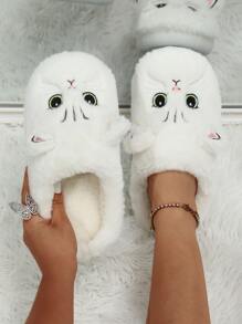 Pantuflas de casa para mujer con bordado de gatito de punta cerrada para otoño/invierno, tipo slip-on, regalo de pareja - Blanco - Ver 1