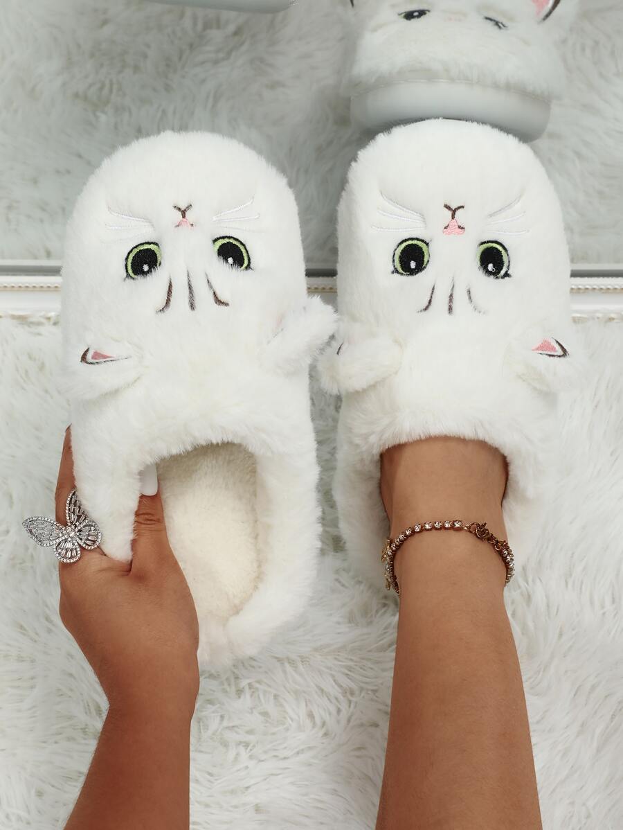 Pantuflas de casa para mujer con bordado de gatito de punta cerrada para otoño/invierno, tipo slip-on, regalo de pareja - Blanco - Ver 1